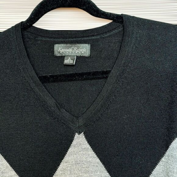 Kenneth Roberts Platinum Merino Wool Sweater Black Argyle V-neck Men’s size XL - Picture 4 of 9